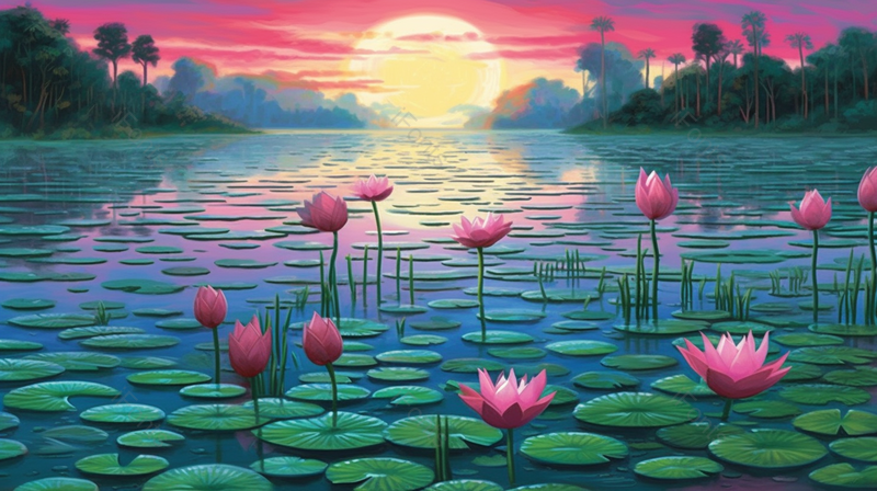 夏至唯美池塘里的荷叶荷花插画手绘背景,插画/手绘图,插画/手绘图库,插画/手绘图下载,插画/手绘